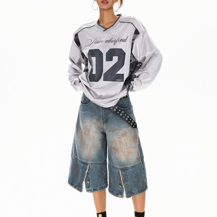 TALKLESSFASHION XPKAEAX American High Street Digital Print V-Neck Long Sleeve T-Shirt Men's and Women's Fall 2025 Jersey Sporty Top