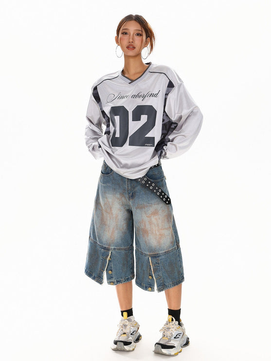 TALKLESSFASHION XPKAEAX American High Street Digital Print V-Neck Long Sleeve T-Shirt Men's and Women's Fall 2025 Jersey Sporty Top