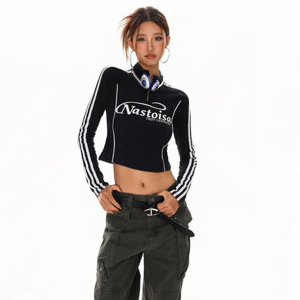 TALKLESSFASHION XPKAEAX American Spice Girl Monogram Print Half Zip High Neck Long Sleeve T-Shirt Women's Fall Slim Crop Top