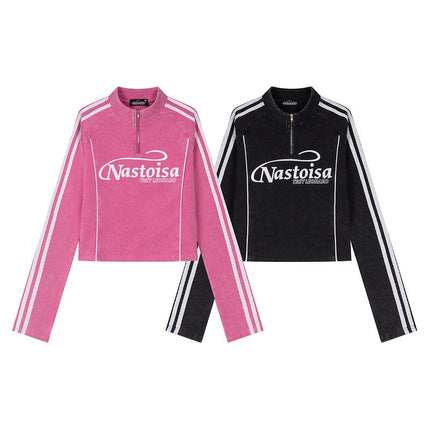 TALKLESSFASHION XPKAEAX American Spice Girl Monogram Print Half Zip High Neck Long Sleeve T-Shirt Women's Fall Slim Crop Top