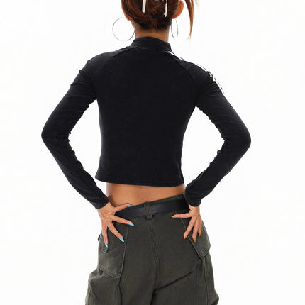 TALKLESSFASHION XPKAEAX American Spice Girl Monogram Print Half Zip High Neck Long Sleeve T-Shirt Women's Fall Slim Crop Top