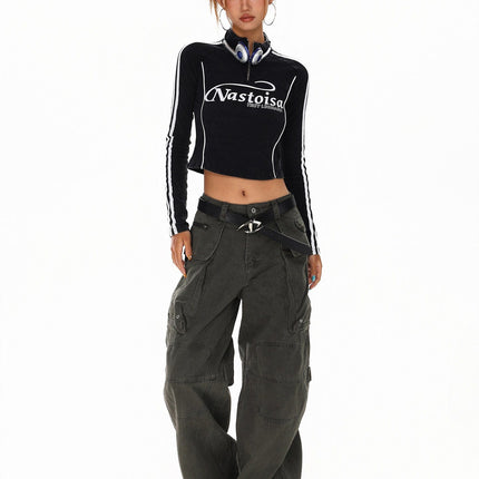 TALKLESSFASHION XPKAEAX American Spice Girl Monogram Print Half Zip High Neck Long Sleeve T-Shirt Women's Fall Slim Crop Top