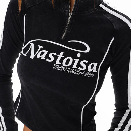 TALKLESSFASHION XPKAEAX American Spice Girl Monogram Print Half Zip High Neck Long Sleeve T-Shirt Women's Fall Slim Crop Top