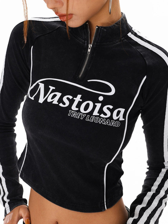 TALKLESSFASHION XPKAEAX American Spice Girl Monogram Print Half Zip High Neck Long Sleeve T-Shirt Women's Fall Slim Crop Top