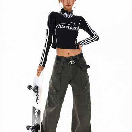 TALKLESSFASHION XPKAEAX American Spice Girl Monogram Print Half Zip High Neck Long Sleeve T-Shirt Women's Fall Slim Crop Top