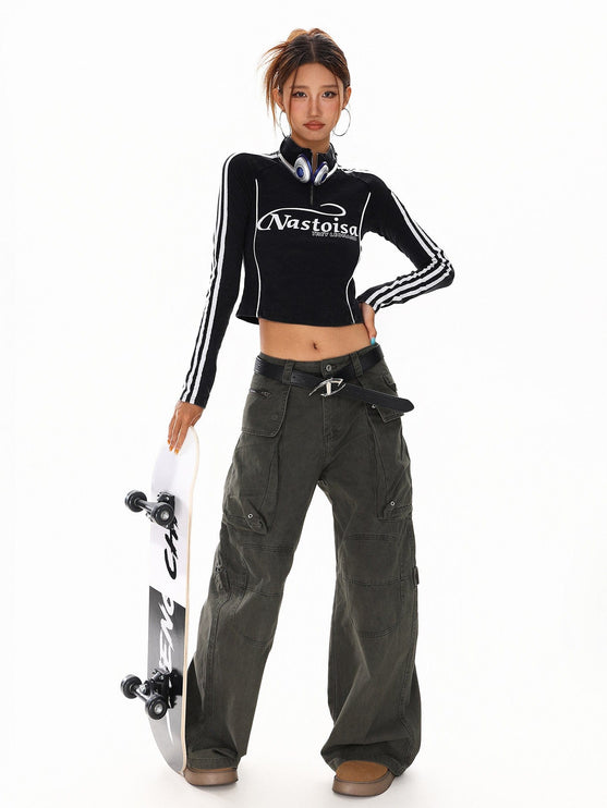 TALKLESSFASHION XPKAEAX American Spice Girl Monogram Print Half Zip High Neck Long Sleeve T-Shirt Women's Fall Slim Crop Top