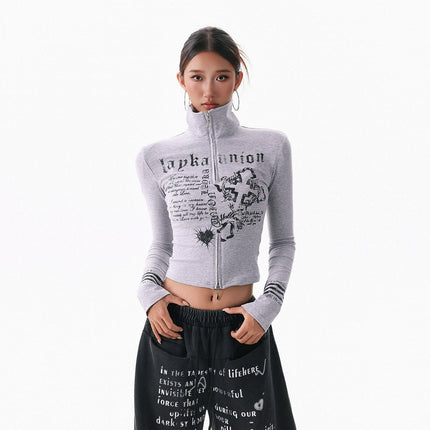 TALKLESSFASHION XPKAEAX American Spice Girl Monogram Print Stand Neck Long Sleeve T-Shirt Women's Base Jacket Slim Slim Short Top