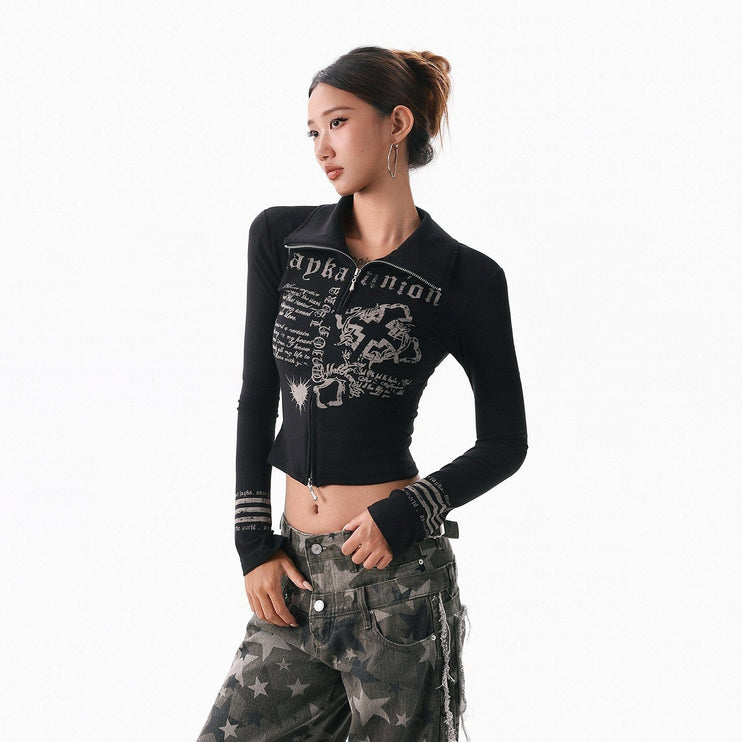 TALKLESSFASHION XPKAEAX American Spice Girl Monogram Print Stand Neck Long Sleeve T-Shirt Women's Base Jacket Slim Slim Short Top