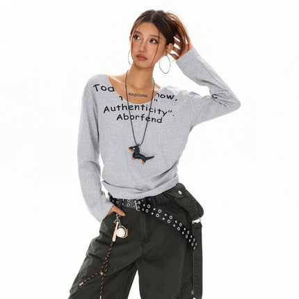 TALKLESSFASHION XPKAEAX American Spice Girl Monogram Print U-Neck Long Sleeve T-Shirt Women Fall 2025 Loose Off-the-Shoulder Top ins