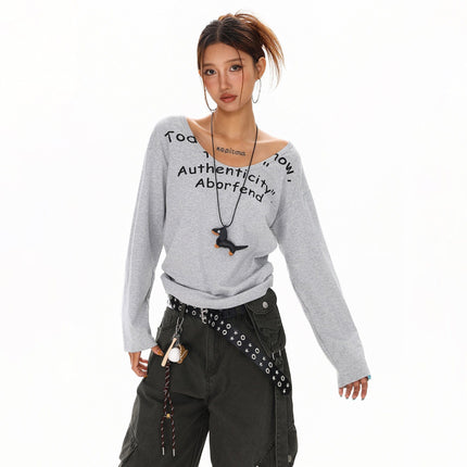 TALKLESSFASHION XPKAEAX American Spice Girl Monogram Print U-Neck Long Sleeve T-Shirt Women Fall 2025 Loose Off-the-Shoulder Top ins