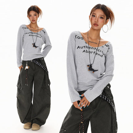 TALKLESSFASHION XPKAEAX American Spice Girl Monogram Print U-Neck Long Sleeve T-Shirt Women Fall 2025 Loose Off-the-Shoulder Top ins