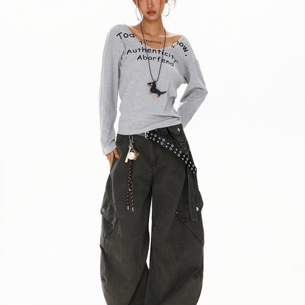 TALKLESSFASHION XPKAEAX American Spice Girl Monogram Print U-Neck Long Sleeve T-Shirt Women Fall 2025 Loose Off-the-Shoulder Top ins