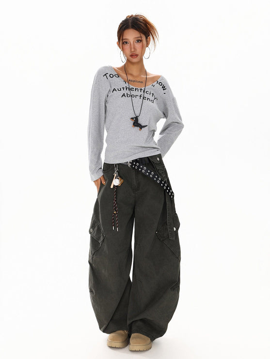 TALKLESSFASHION XPKAEAX American Spice Girl Monogram Print U-Neck Long Sleeve T-Shirt Women Fall 2025 Loose Off-the-Shoulder Top ins