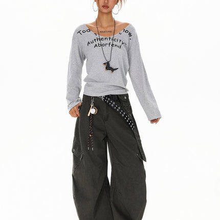 TALKLESSFASHION XPKAEAX American Spice Girl Monogram Print U-Neck Long Sleeve T-Shirt Women Fall 2025 Loose Off-the-Shoulder Top ins