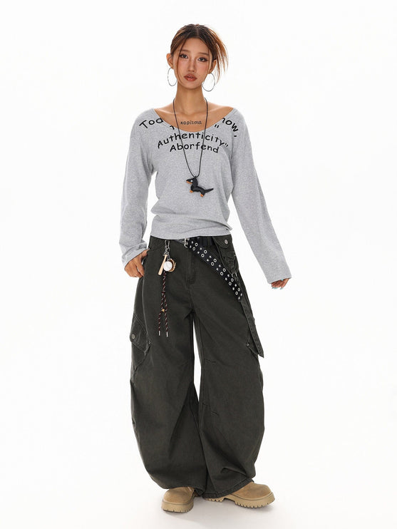 TALKLESSFASHION XPKAEAX American Spice Girl Monogram Print U-Neck Long Sleeve T-Shirt Women Fall 2025 Loose Off-the-Shoulder Top ins