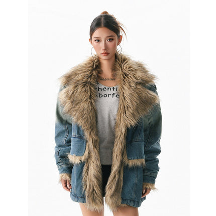 TALKLESSFASHION XPKAEAX American vintage fur collar mountain carving cotton suit women's winter washing distressed denim cotton jacket ins