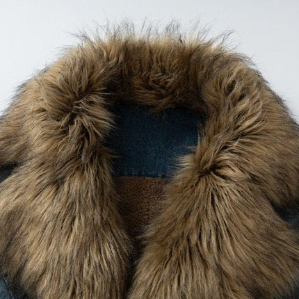 TALKLESSFASHION XPKAEAX American vintage fur collar mountain carving cotton suit women's winter washing distressed denim cotton jacket ins