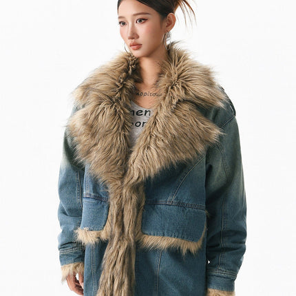 TALKLESSFASHION XPKAEAX American vintage fur collar mountain carving cotton suit women's winter washing distressed denim cotton jacket ins