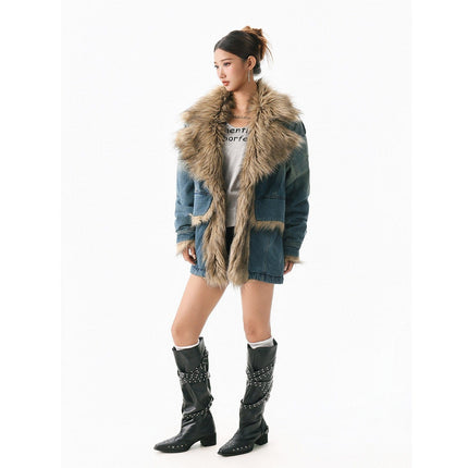 TALKLESSFASHION XPKAEAX American vintage fur collar mountain carving cotton suit women's winter washing distressed denim cotton jacket ins