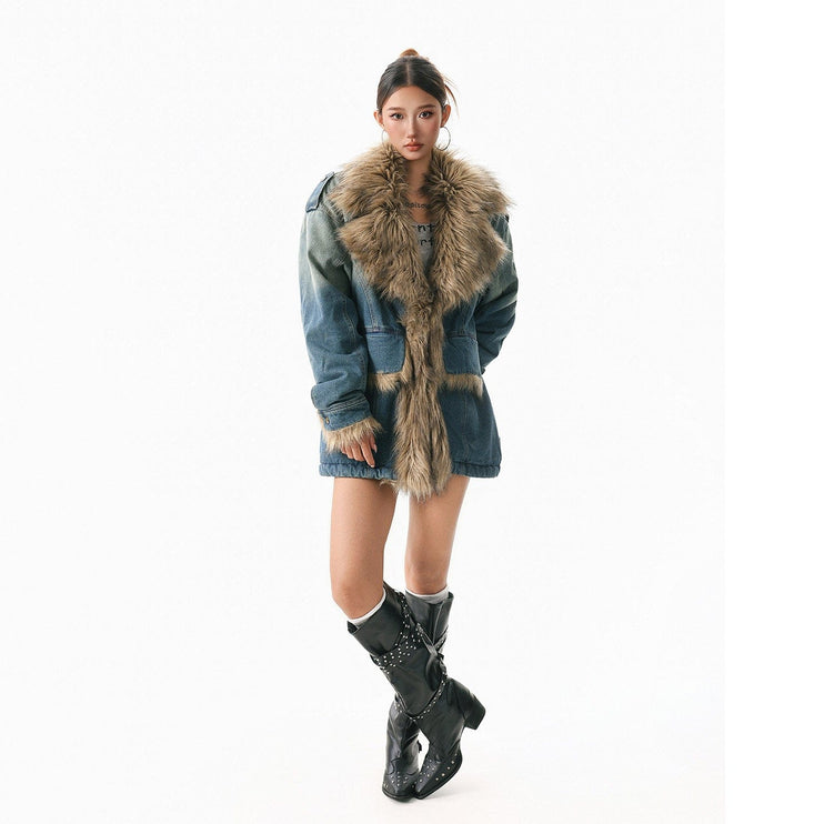 TALKLESSFASHION XPKAEAX American vintage fur collar mountain carving cotton suit women's winter washing distressed denim cotton jacket ins