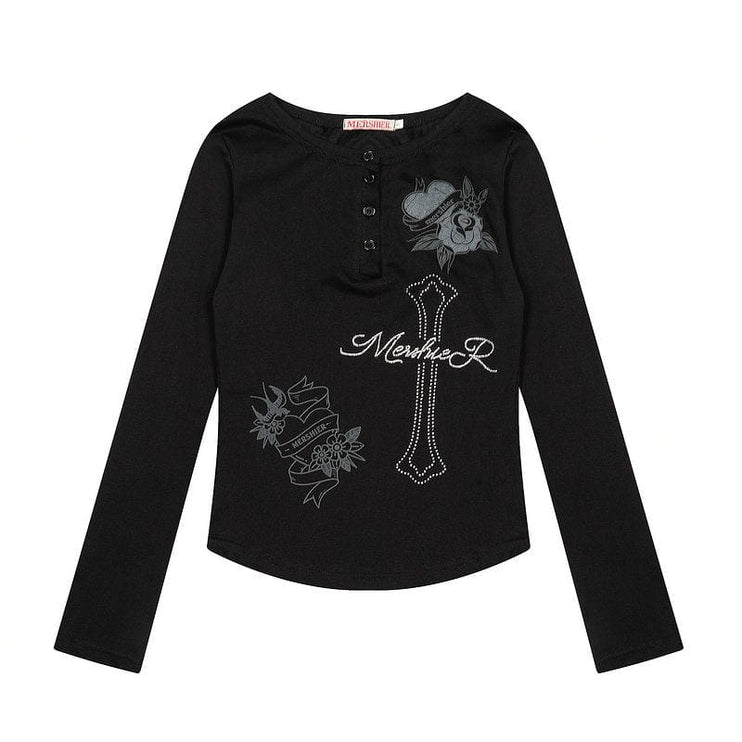 TALKLESSFASHION XPKAEAX American vintage hot diamond letter long sleeve T-shirt hot girl style slim slim pre-fall thin top