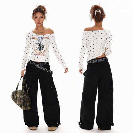 TALKLESSFASHION XPKAEAX American Vintage Spice Girl Star Off-the-Shoulder Long Sleeve T-Shirt Women's Slanted Shoulder Slimming Slimming One-Shoulder Top