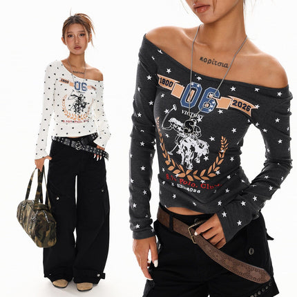 TALKLESSFASHION XPKAEAX American Vintage Spice Girl Star Off-the-Shoulder Long Sleeve T-Shirt Women's Slanted Shoulder Slimming Slimming One-Shoulder Top