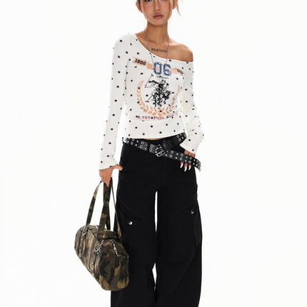 TALKLESSFASHION XPKAEAX American Vintage Spice Girl Star Off-the-Shoulder Long Sleeve T-Shirt Women's Slanted Shoulder Slimming Slimming One-Shoulder Top