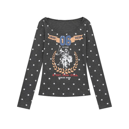 TALKLESSFASHION XPKAEAX American Vintage Spice Girl Star Off-the-Shoulder Long Sleeve T-Shirt Women's Slanted Shoulder Slimming Slimming One-Shoulder Top