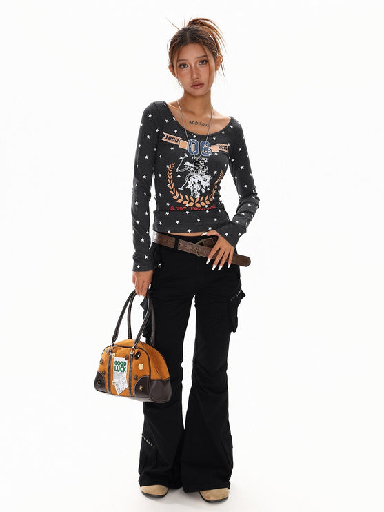 TALKLESSFASHION XPKAEAX American Vintage Spice Girl Star Off-the-Shoulder Long Sleeve T-Shirt Women's Slanted Shoulder Slimming Slimming One-Shoulder Top