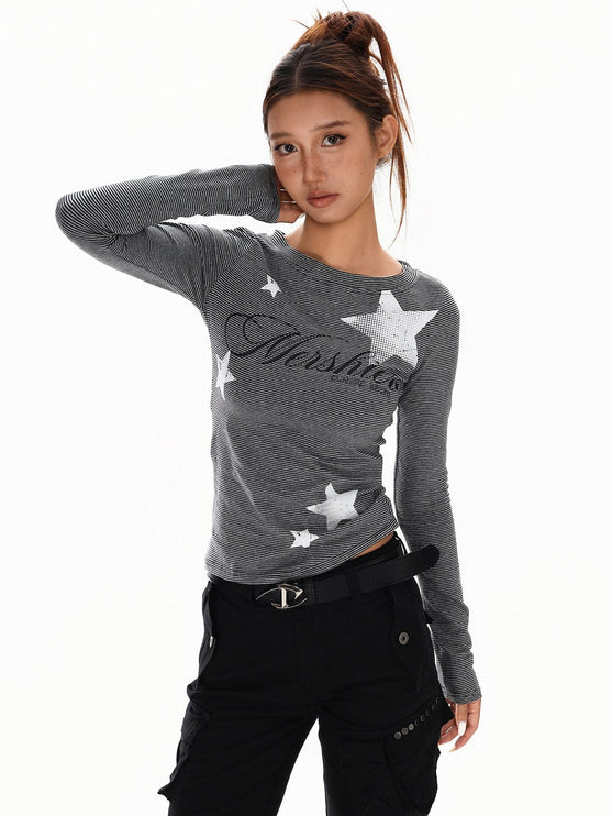 TALKLESSFASHION XPKAEAX American Vintage Spice Girl Striped Long Sleeve T-Shirt Women's 2025 Fall Slim Slimming Top Base Layer