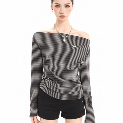 TALKLESSFASHION XPKAEAX American Vintage Striped Contrast One-Shoulder Long Sleeve T-Shirt Women's Spring New Loose Waist Top