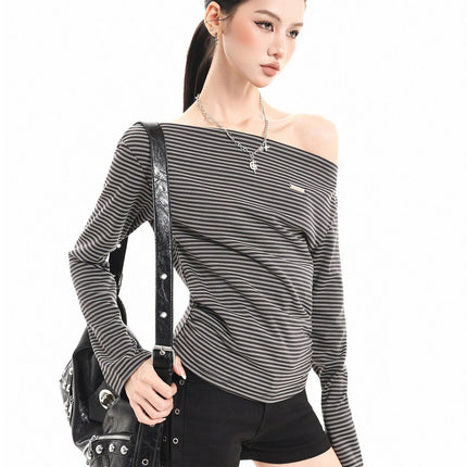 TALKLESSFASHION XPKAEAX American Vintage Striped Contrast One-Shoulder Long Sleeve T-Shirt Women's Spring New Loose Waist Top