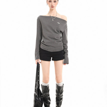 TALKLESSFASHION XPKAEAX American Vintage Striped Contrast One-Shoulder Long Sleeve T-Shirt Women's Spring New Loose Waist Top