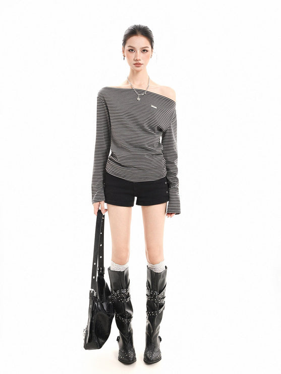 TALKLESSFASHION XPKAEAX American Vintage Striped Contrast One-Shoulder Long Sleeve T-Shirt Women's Spring New Loose Waist Top