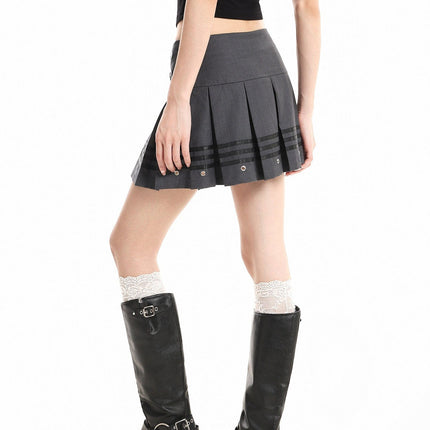 TALKLESSFASHION XPKAEAX American Vintage Striped Paneled Skirt Women's Spring New Leather Buckle Preppy Pleated Skirt