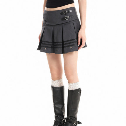 TALKLESSFASHION XPKAEAX American Vintage Striped Paneled Skirt Women's Spring New Leather Buckle Preppy Pleated Skirt