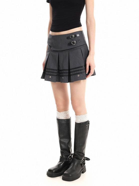 TALKLESSFASHION XPKAEAX American Vintage Striped Paneled Skirt Women's Spring New Leather Buckle Preppy Pleated Skirt