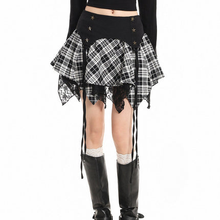 TALKLESSFASHION XPKAEAX Chic Vintage Lace Stitched Plaid Skirt Women's Spring New Contrast Irregular Cake Skirt