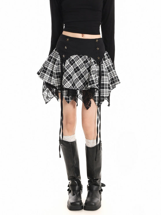 TALKLESSFASHION XPKAEAX Chic Vintage Lace Stitched Plaid Skirt Women's Spring New Contrast Irregular Cake Skirt