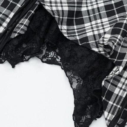 TALKLESSFASHION XPKAEAX Chic Vintage Lace Stitched Plaid Skirt Women's Spring New Contrast Irregular Cake Skirt