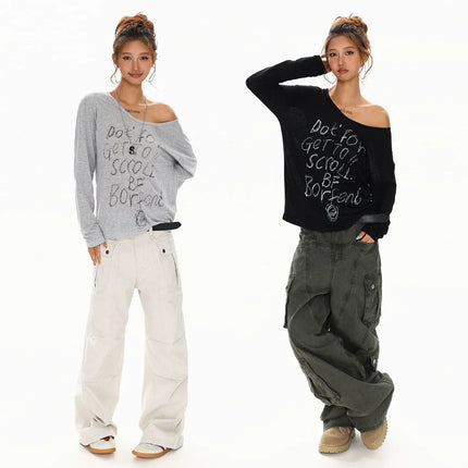 TALKLESSFASHION XPKAEAX Slightly Translucent Lightweight Letter Long Sleeve T-Shirt Women's 2025 Pre-Fall Loose Off-the-Shoulder Top American Slanted Shoulder Cover-Up