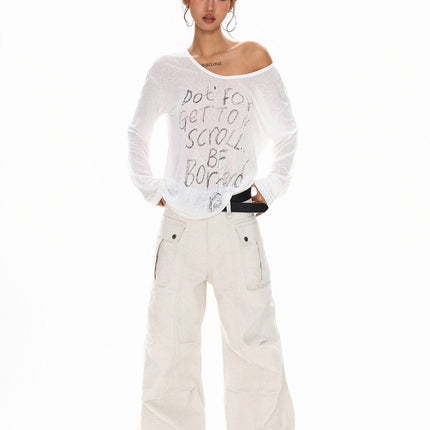 TALKLESSFASHION XPKAEAX Slightly Translucent Lightweight Letter Long Sleeve T-Shirt Women's 2025 Pre-Fall Loose Off-the-Shoulder Top American Slanted Shoulder Cover-Up