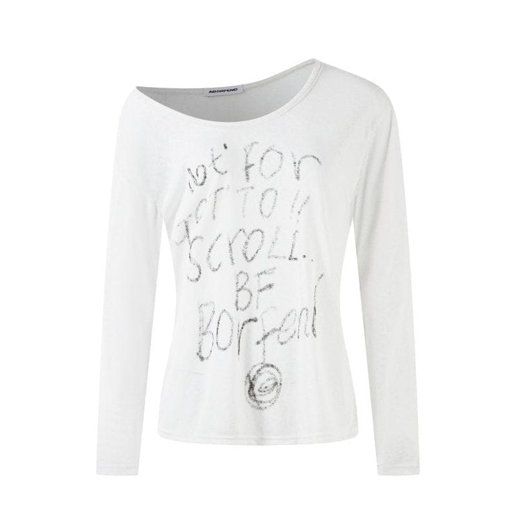 TALKLESSFASHION XPKAEAX Slightly Translucent Lightweight Letter Long Sleeve T-Shirt Women's 2025 Pre-Fall Loose Off-the-Shoulder Top American Slanted Shoulder Cover-Up