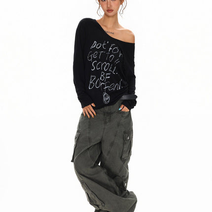 TALKLESSFASHION XPKAEAX Slightly Translucent Lightweight Letter Long Sleeve T-Shirt Women's 2025 Pre-Fall Loose Off-the-Shoulder Top American Slanted Shoulder Cover-Up