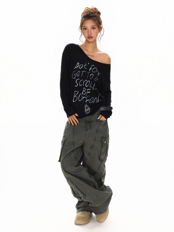 TALKLESSFASHION XPKAEAX Slightly Translucent Lightweight Letter Long Sleeve T-Shirt Women's 2025 Pre-Fall Loose Off-the-Shoulder Top American Slanted Shoulder Cover-Up