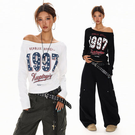 TALKLESSFASHION XPKAEAX Spice Girl Style American High Street Slim Long Sleeve T-Shirt Women's New Off-the-Shoulder Slimming Top for Fall 2025