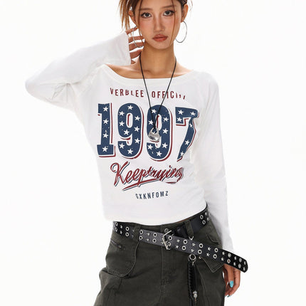 TALKLESSFASHION XPKAEAX Spice Girl Style American High Street Slim Long Sleeve T-Shirt Women's New Off-the-Shoulder Slimming Top for Fall 2025