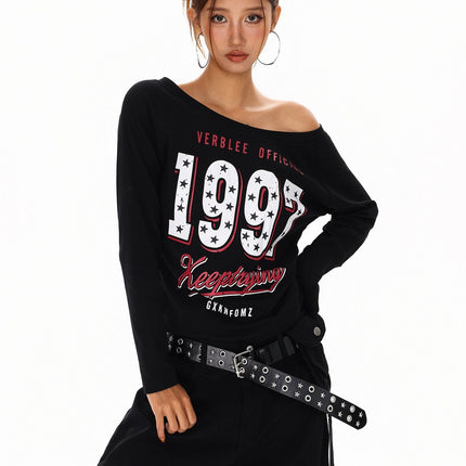 TALKLESSFASHION XPKAEAX Spice Girl Style American High Street Slim Long Sleeve T-Shirt Women's New Off-the-Shoulder Slimming Top for Fall 2025
