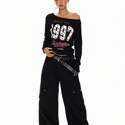 TALKLESSFASHION XPKAEAX Spice Girl Style American High Street Slim Long Sleeve T-Shirt Women's New Off-the-Shoulder Slimming Top for Fall 2025